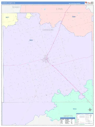 Dawson County, TX ColorCast style ZIP Code wall map