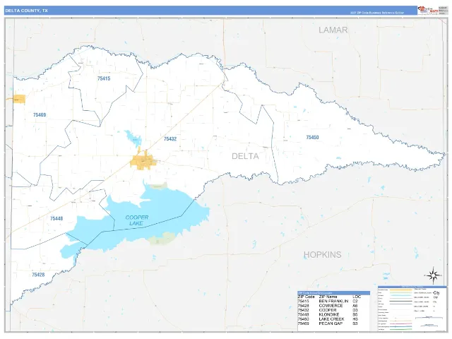 Delta County, TX ZIP Code Wall Map, Business Reference style