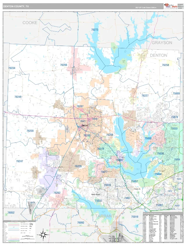 Denton County, TX ZIP Code Wall Map, Classic style