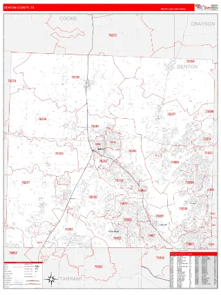 Denton County, TX RedLine style ZIP Code wall map