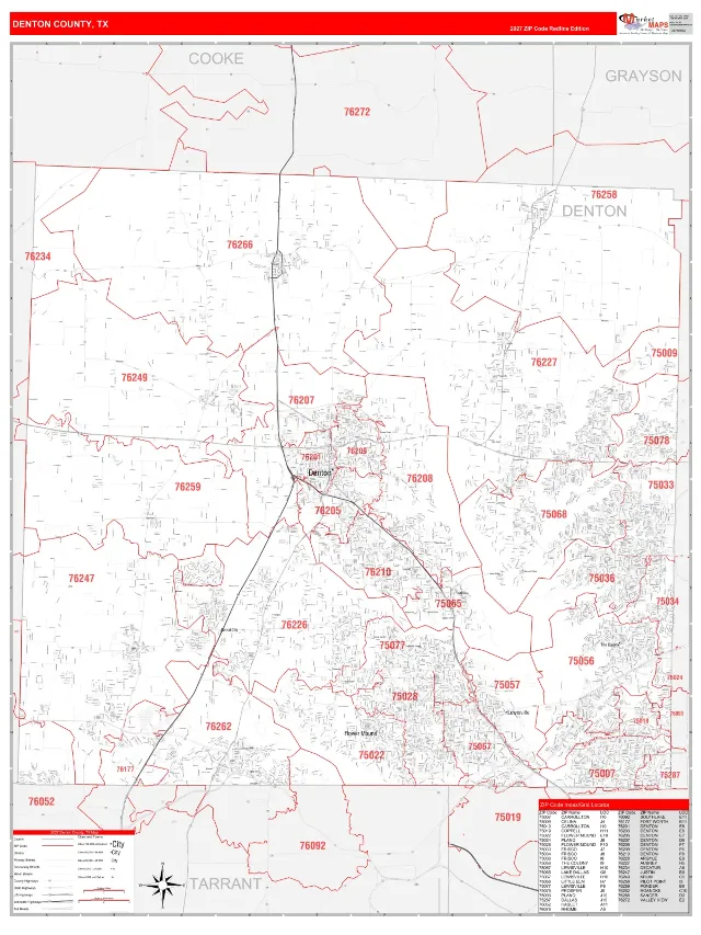 Denton County, TX ZIP Code Wall Map, RedLine style