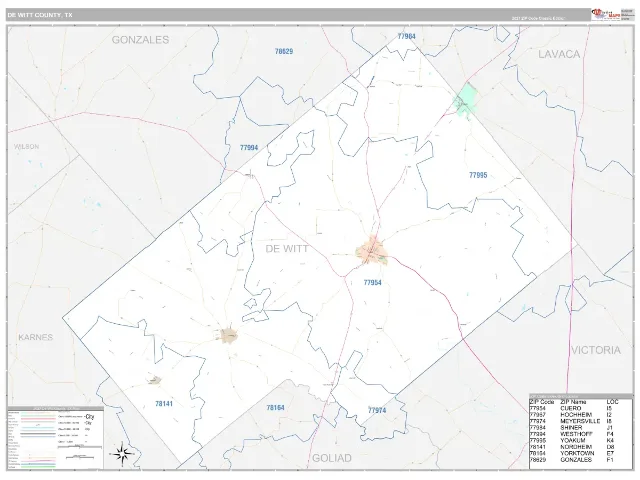 DeWitt County, TX ZIP Code Wall Map, Classic style