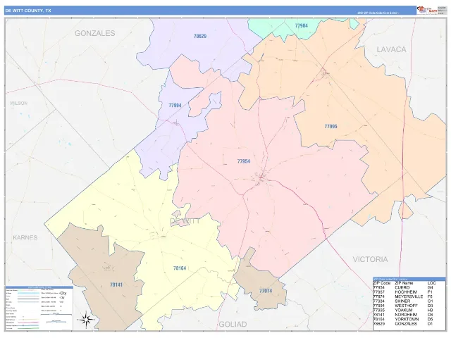 DeWitt County, TX ZIP Code Wall Map, ColorCast style