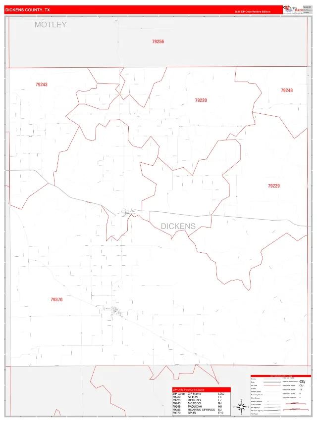Dickens County, TX ZIP Code Wall Map, RedLine style
