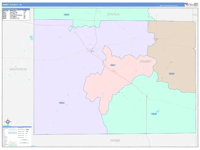 Dimmit County, TX ZIP Code Wall Map, ColorCast style