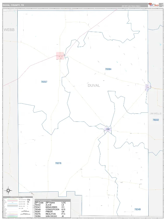 Duval County, TX ZIP Code Wall Map, Classic style