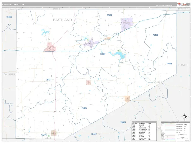 Eastland County, TX ZIP Code Wall Map, Classic style