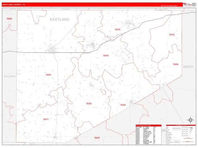 Eastland County, TX ZIP Code Wall Map, RedLine style