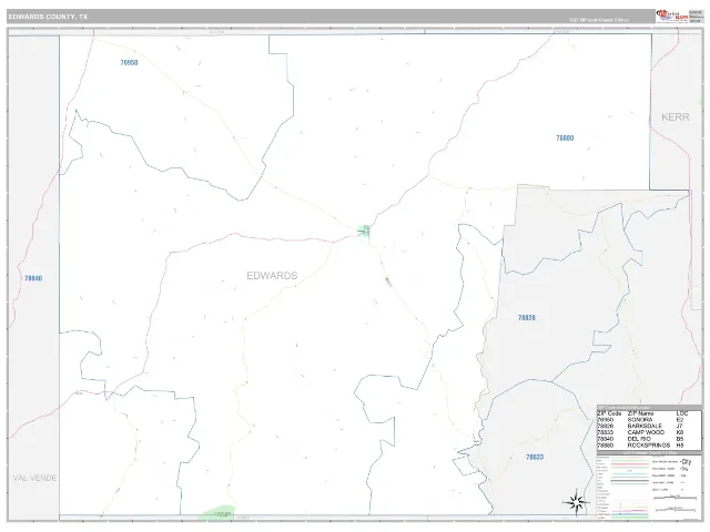 Edwards County, TX ZIP Code Wall Map, Classic style