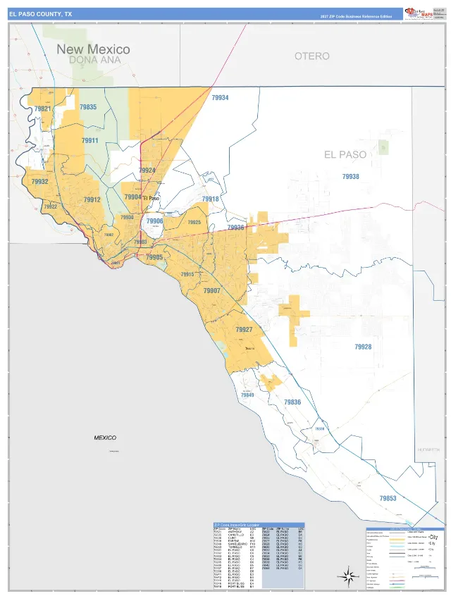 El Paso County, TX ZIP Code Wall Map, Business Reference style