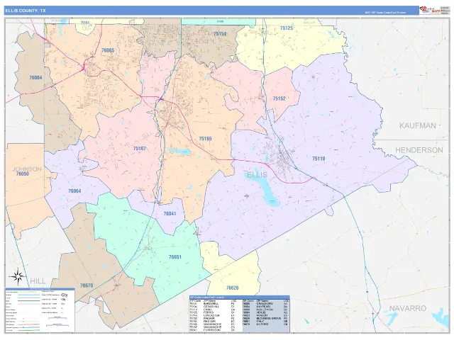 Ellis County, TX ZIP Code Wall Map, ColorCast style