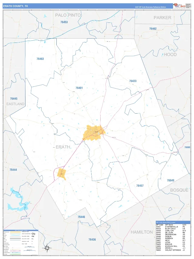 Erath County, TX ZIP Code Wall Map, Business Reference style