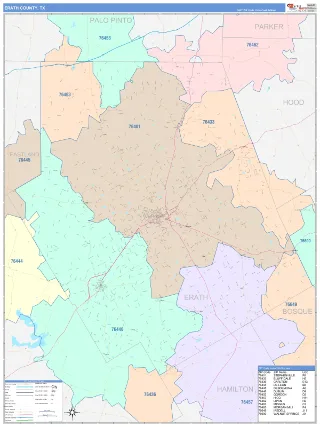 Erath County, TX ColorCast style ZIP Code wall map