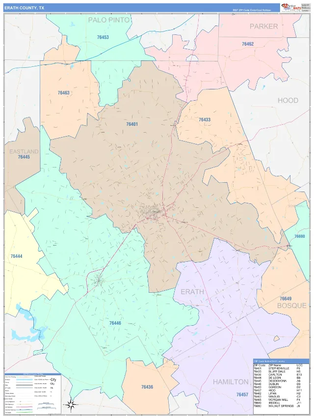 Erath County, TX ZIP Code Wall Map, ColorCast style