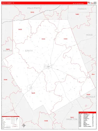 Erath County, TX RedLine style ZIP Code wall map