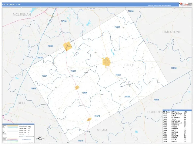 Falls County, TX ZIP Code Wall Map, Business Reference style