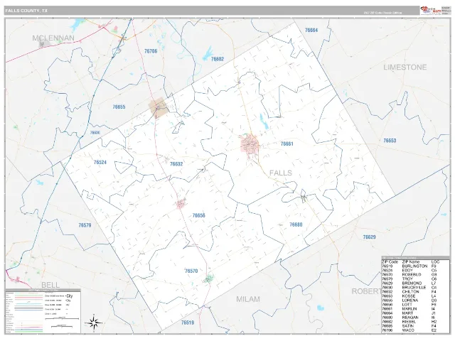 Falls County, TX ZIP Code Wall Map, Classic style