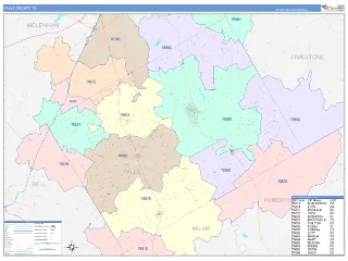 Falls County, TX ColorCast style ZIP Code wall map