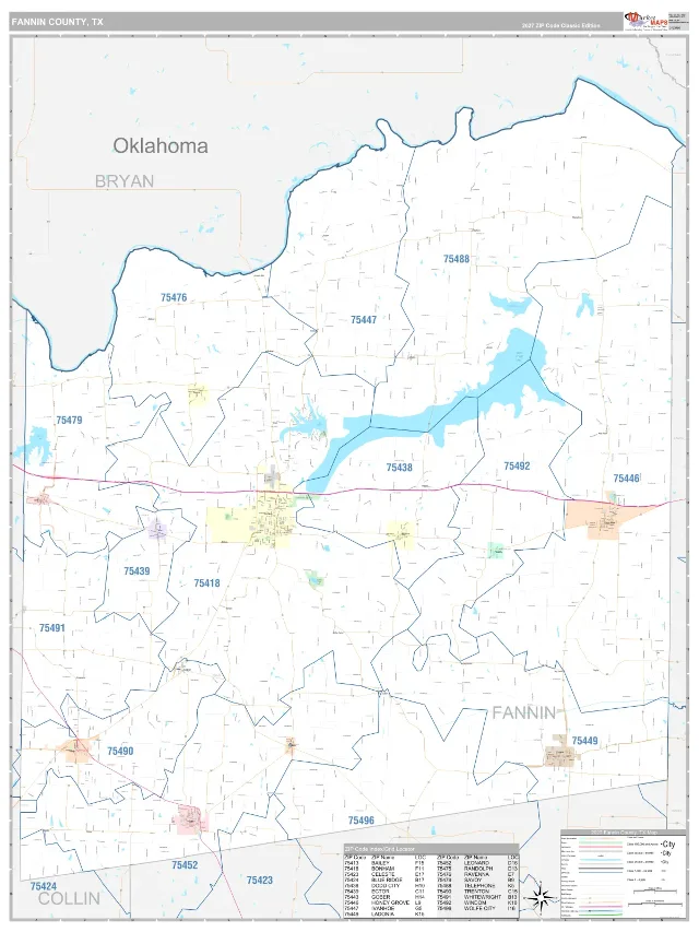 Fannin County, TX ZIP Code Wall Map, Classic style