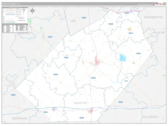 Fayette County, TX ZIP Code Wall Map, Classic style