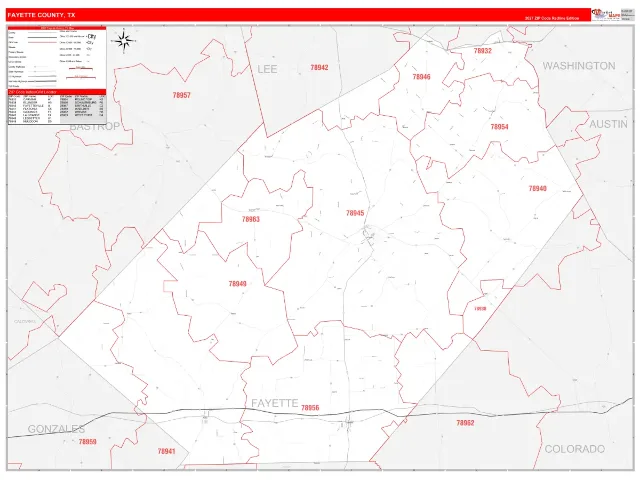 Fayette County, TX ZIP Code Wall Map, RedLine style