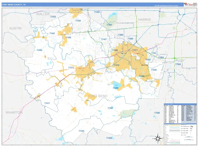 Fort Bend County, TX ZIP Code Wall Map, Business Reference style