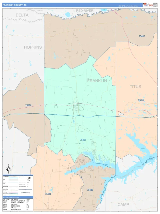 Franklin County, TX ZIP Code Wall Map, ColorCast style