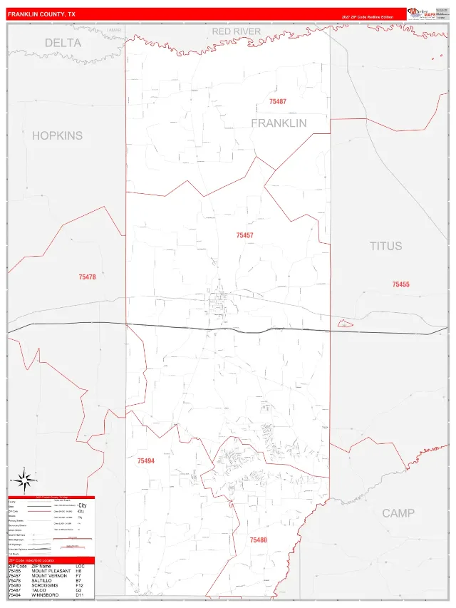 Franklin County, TX ZIP Code Wall Map, RedLine style