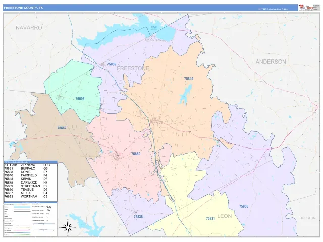 Freestone County, TX ZIP Code Wall Map, ColorCast style