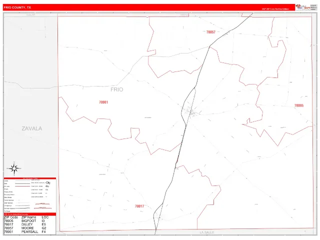 Frio County, TX ZIP Code Wall Map, RedLine style