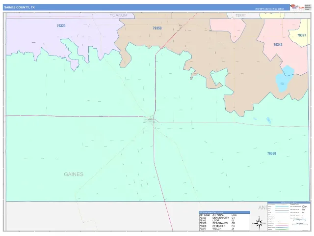 Gaines County, TX ZIP Code Wall Map, ColorCast style