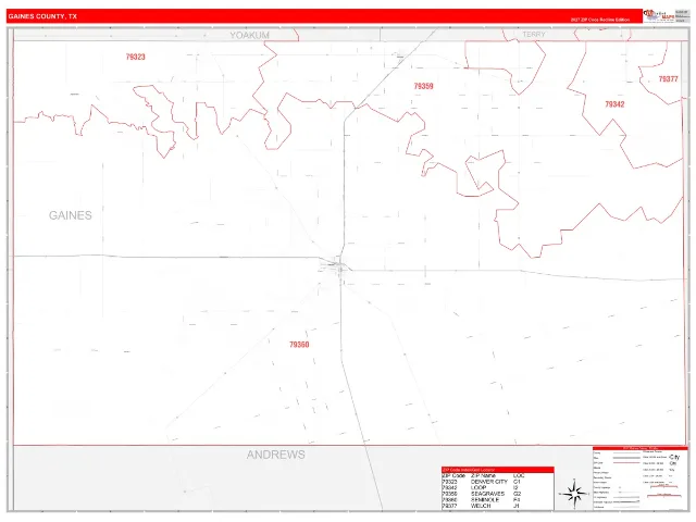 Gaines County, TX ZIP Code Wall Map, RedLine style