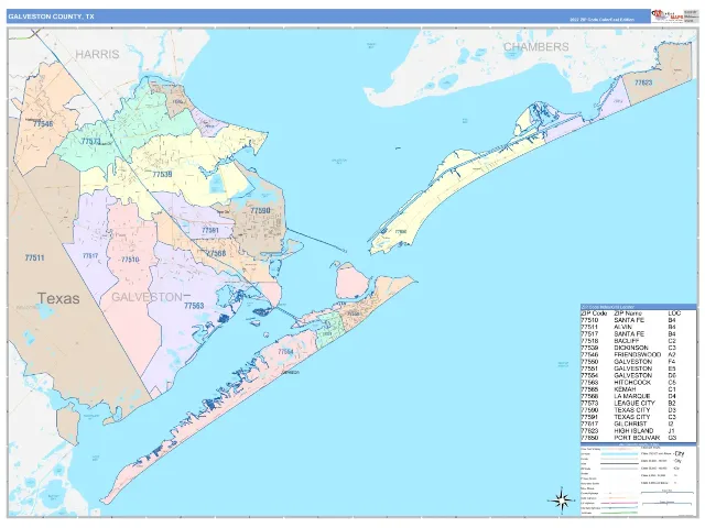 Galveston County, TX ZIP Code Wall Map, ColorCast style