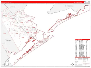 Galveston County, TX RedLine style ZIP Code wall map