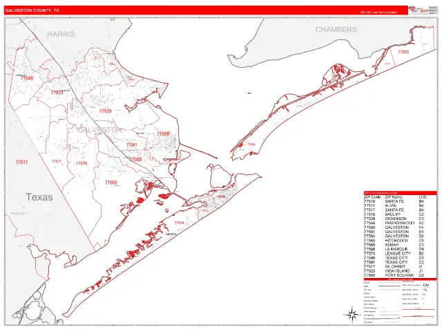 Galveston County, TX ZIP Code Wall Map, RedLine style