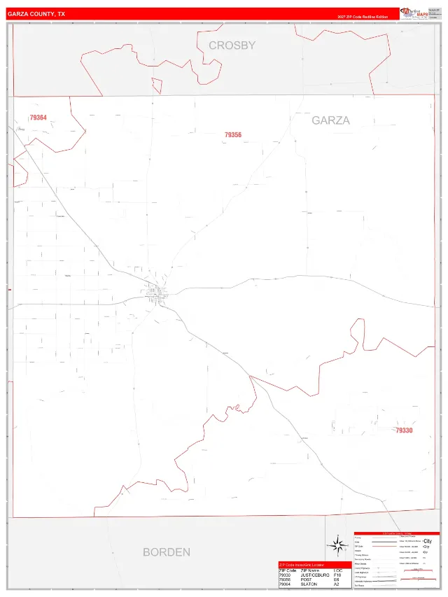 Garza County, TX ZIP Code Wall Map, RedLine style