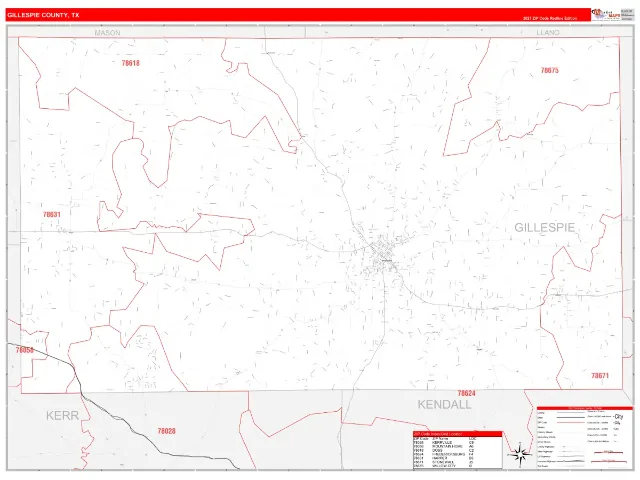 Gillespie County, TX ZIP Code Wall Map, RedLine style