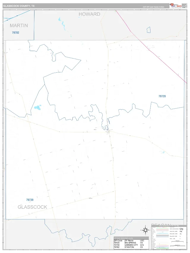 Glasscock County, TX ZIP Code Wall Map, Classic style