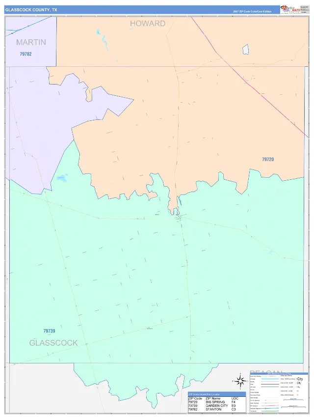 Glasscock County, TX ZIP Code Wall Map, ColorCast style