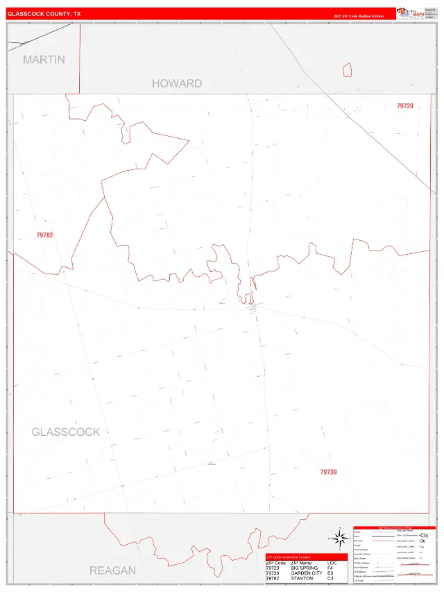 Glasscock County, TX ZIP Code Wall Map, RedLine style
