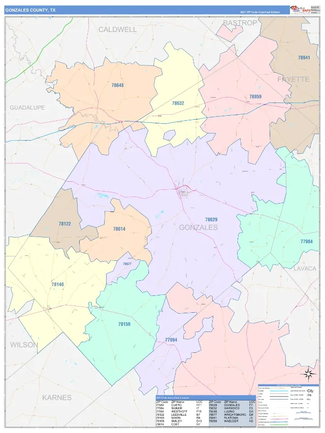 Gonzales County, TX ZIP Code Wall Map, ColorCast style