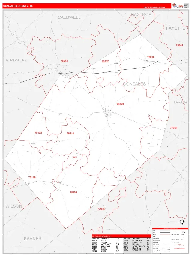 Gonzales County, TX ZIP Code Wall Map, RedLine style
