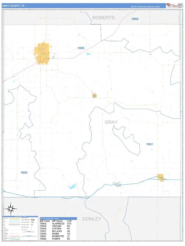 Gray County, TX ZIP Code Wall Map, Business Reference style