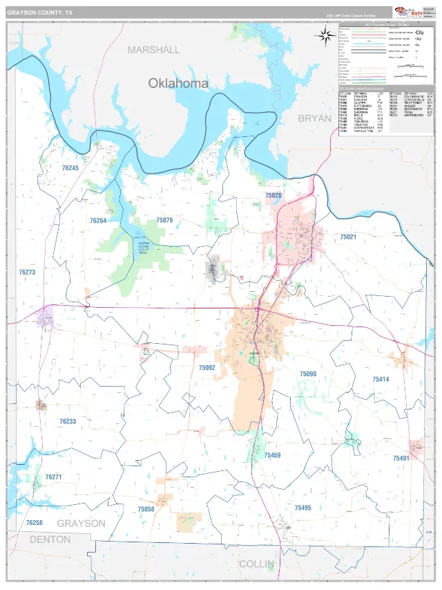 Grayson County, TX ZIP Code Wall Map, Classic style