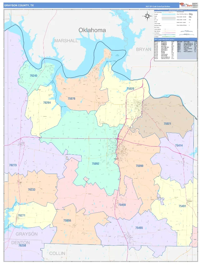 Grayson County, TX ZIP Code Wall Map, ColorCast style