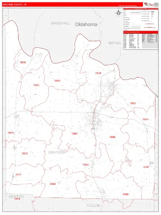 Grayson County, TX RedLine style ZIP Code wall map