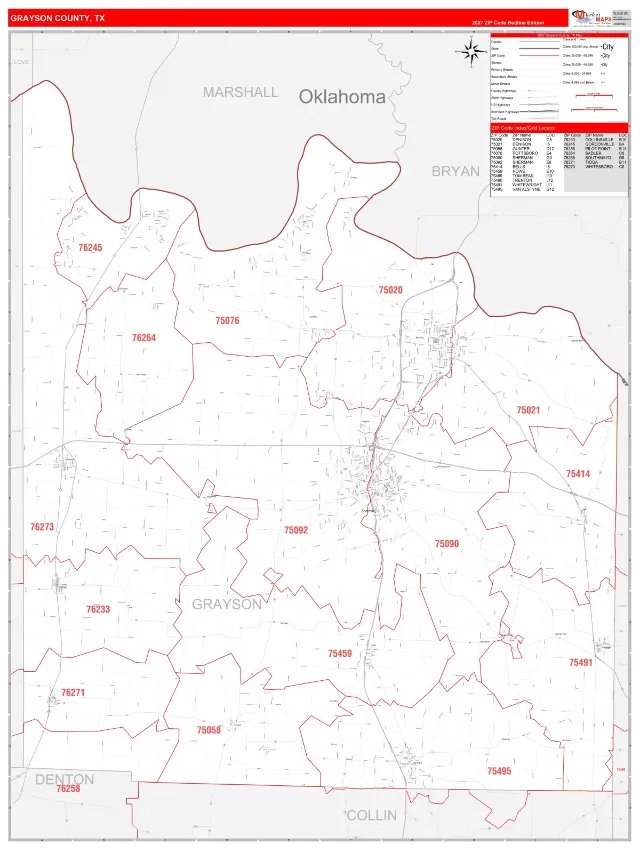 Grayson County, TX ZIP Code Wall Map, RedLine style