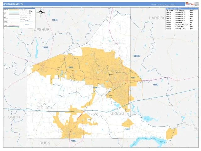 Gregg County, TX ZIP Code Wall Map, Business Reference style