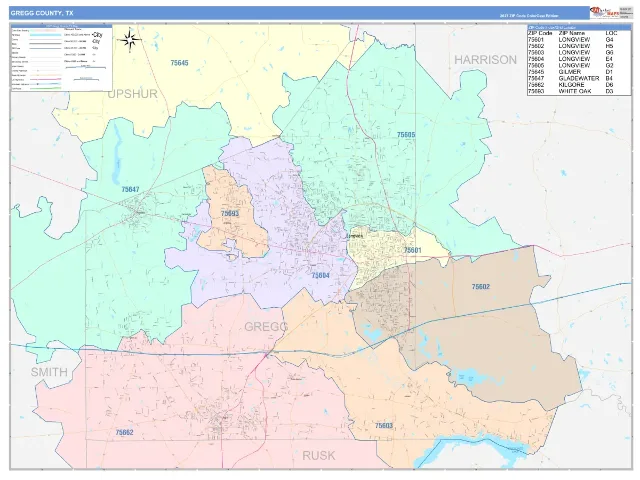 Gregg County, TX ZIP Code Wall Map, ColorCast style