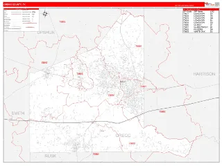 Gregg County, TX RedLine style ZIP Code wall map
